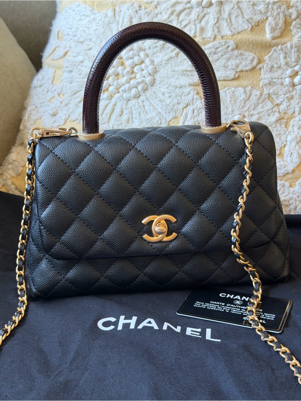 CHANEL Black Quilted Caviar Leather Top Handle Satchel with Gold Hardware RARE